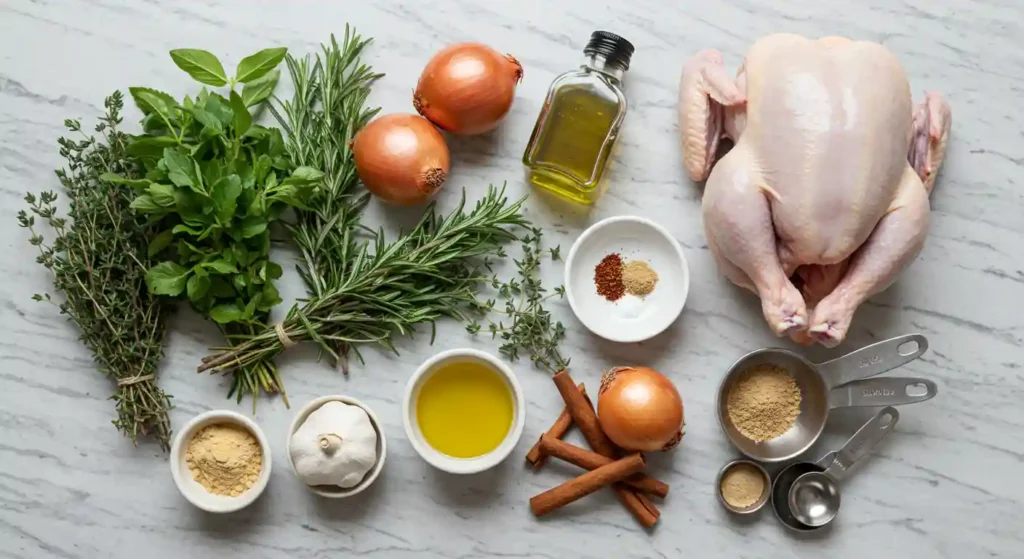 A collection of ingredients for roasted chicken, including fresh herbs, onions, olive oil, and spices.