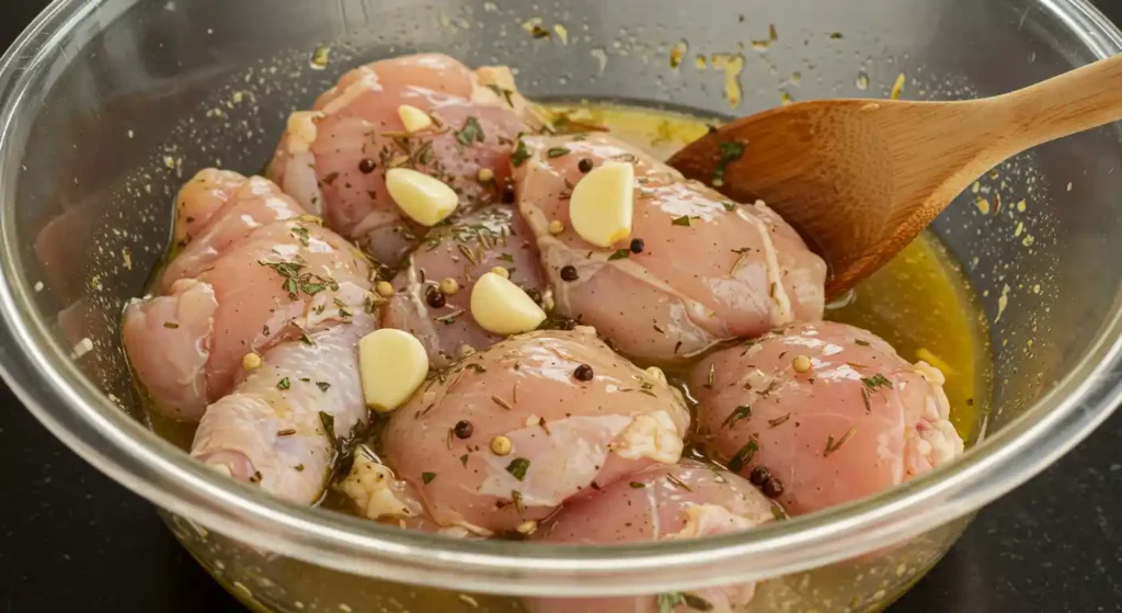 Chicken thighs seasoned with herbs, garlic, and spices in a baking dish.