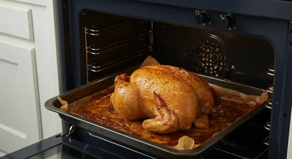 A roasted chicken in a baking dish inside the oven.