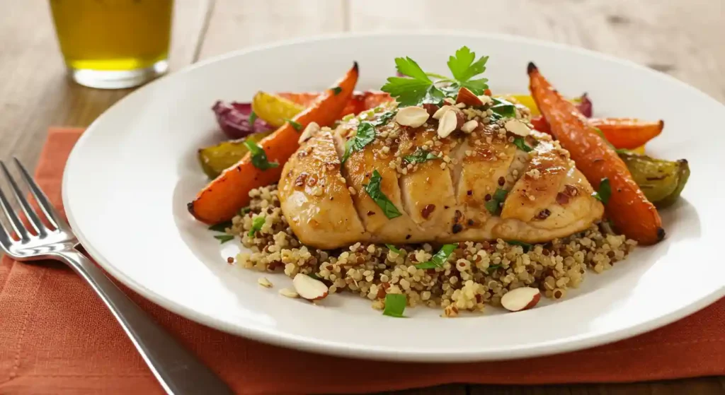 A plate of roasted chicken thighs served over quinoa and roasted vegetables.