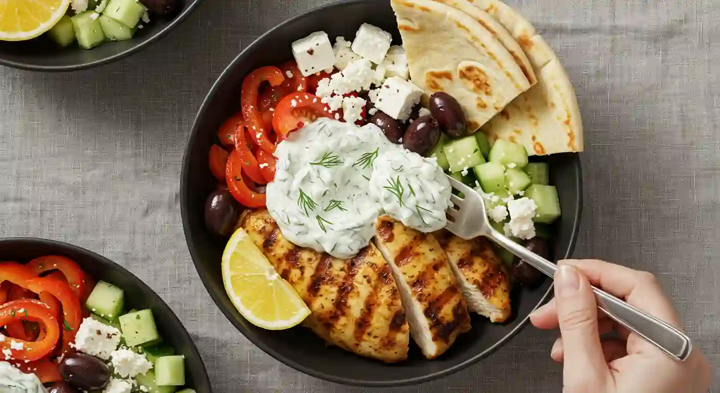 A plate of sheet pan chicken pitas with tzatziki sauce, olives, tomatoes, and cucumbers.