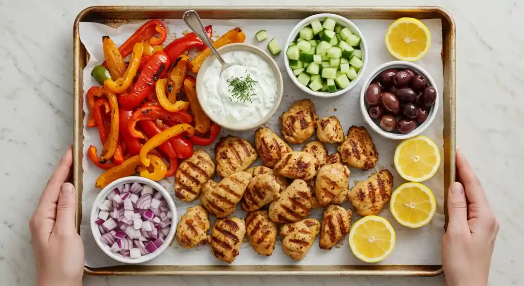 A sheet pan filled with grilled chicken, sliced bell peppers, diced cucumbers, kalamata olives, and bowls of tzatziki sauce and lemon wedges.