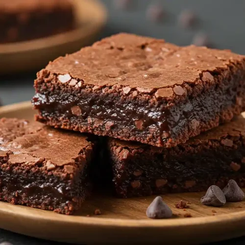 Stack of three fudgy chocolate brownies with a crackly top and chocolate chips scattered around on a wooden plate