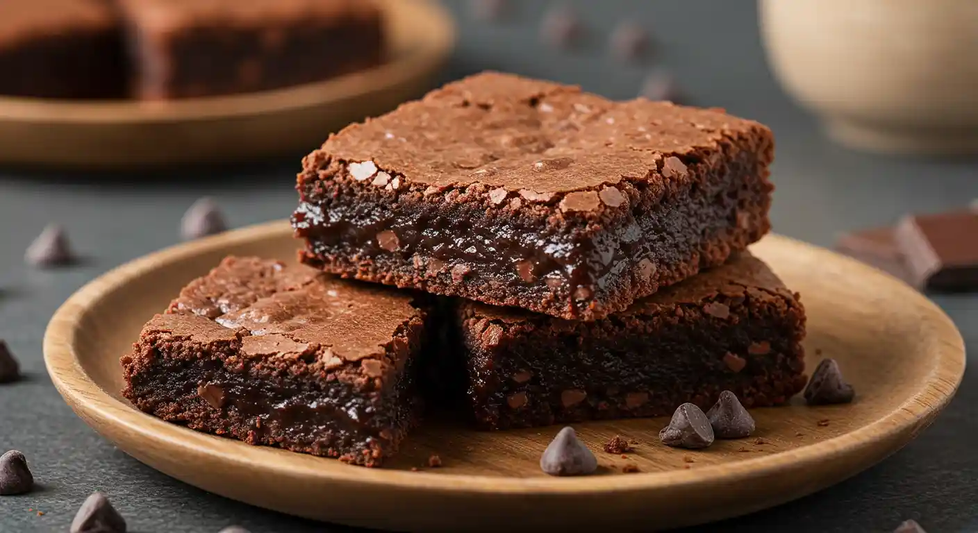 Stack of three fudgy chocolate brownies with a crackly top and chocolate chips scattered around on a wooden plate