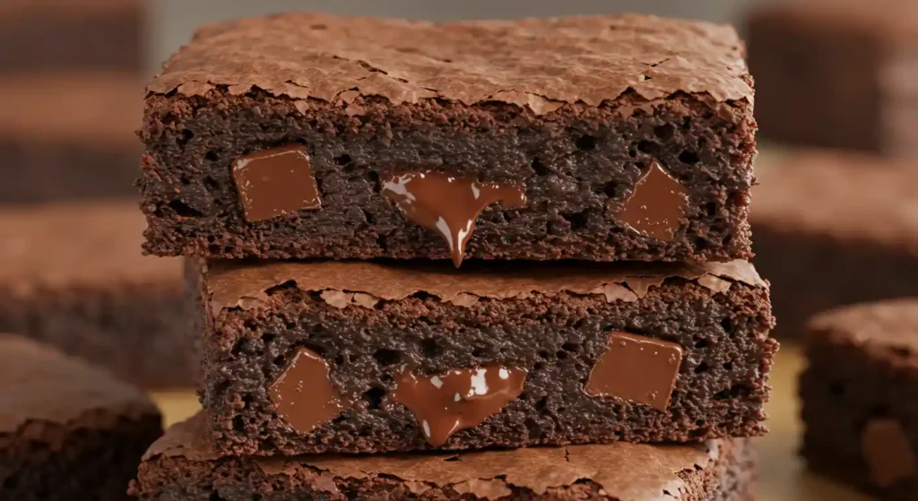 Close-up of stacked Double Decker Chocolate Fudge Brownies showing melted chocolate chunks and crackly tops in cross-section