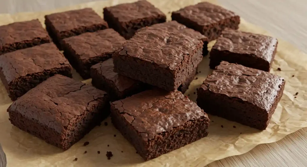 Cut squares of Double Decker Chocolate Fudge Brownies arranged on brown parchment paper, showing their shiny crackled tops and dense texture