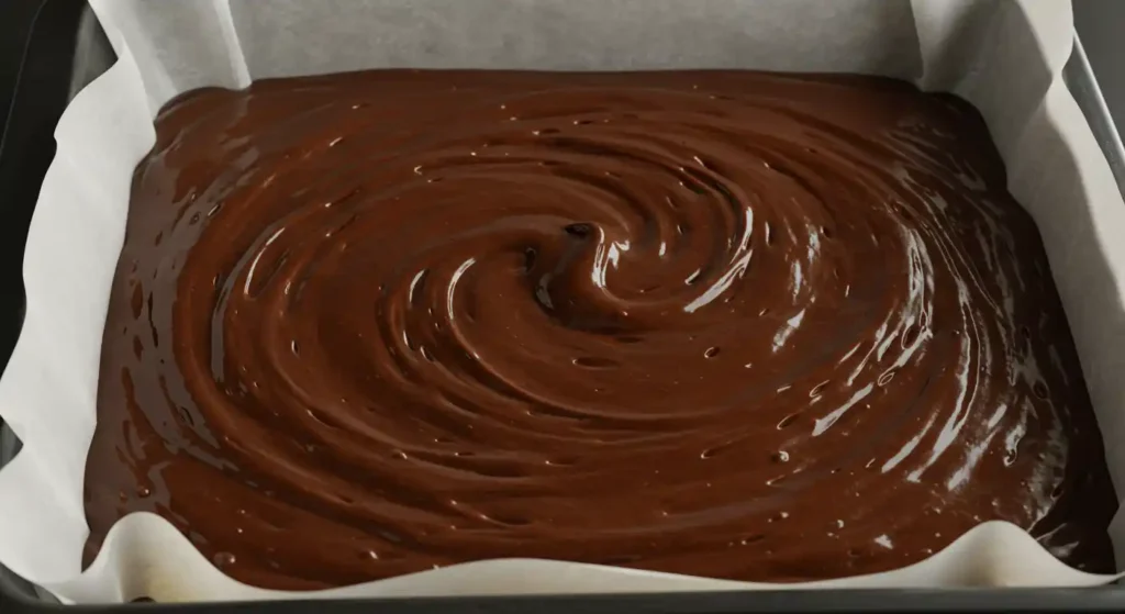 Smooth, glossy chocolate brownie batter swirled in a parchment-lined baking pan