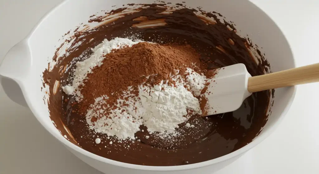 Mixing bowl with chocolate brownie batter, cocoa powder and flour being folded in with a white silicone spatula