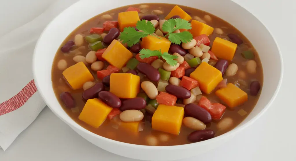 Hearty vegetarian soup with butternut squash cubes, kidney beans, and white beans in a savory broth garnished with fresh cilantro