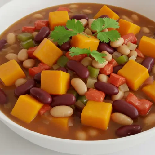 Hearty vegetarian soup with butternut squash cubes, kidney beans, and white beans in a savory broth garnished with fresh cilantro