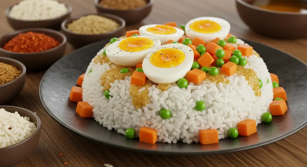 White rice molded into a dome, topped with halved boiled eggs and garnished with peas and carrots, with various spices in small bowls surrounding the plate