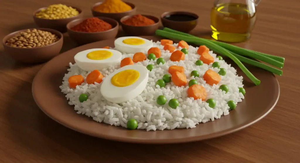 White rice served with halved boiled eggs, diced carrots and green peas, accompanied by bowls of Indian spices, green onions, and olive oil on a brown plate