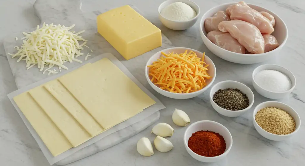 Ingredients laid out for chicken and cheese jalousie recipe including puff pastry sheets, raw chicken breasts, grated cheeses, garlic, and seasonings on a marble surface