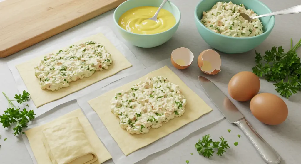 Assembling chicken and cheese jalousie recipe with filled puff pastry sheets, eggs for egg wash, mustard sauce, and fresh parsley on a white surface