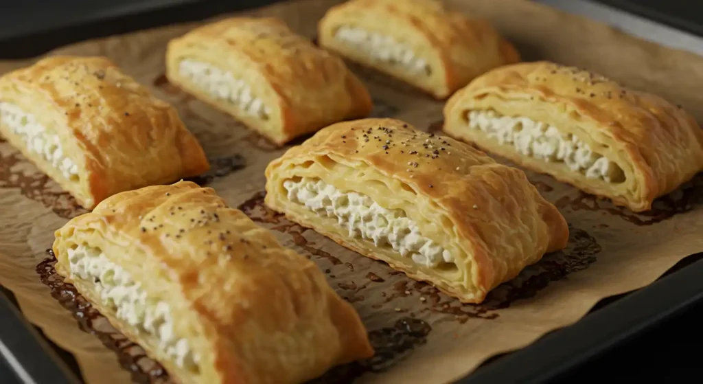 Six golden-brown filo pastry parcels filled with halibut and spinach arranged on baking paper, topped with black poppy seeds, revealing flaky layers and creamy filling