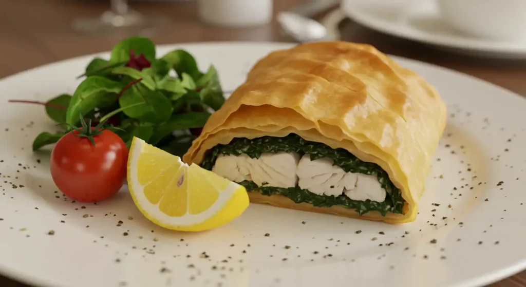 Six golden-brown filo pastry parcels filled with halibut and spinach arranged on baking paper, topped with black poppy seeds, revealing flaky layers and creamy filling