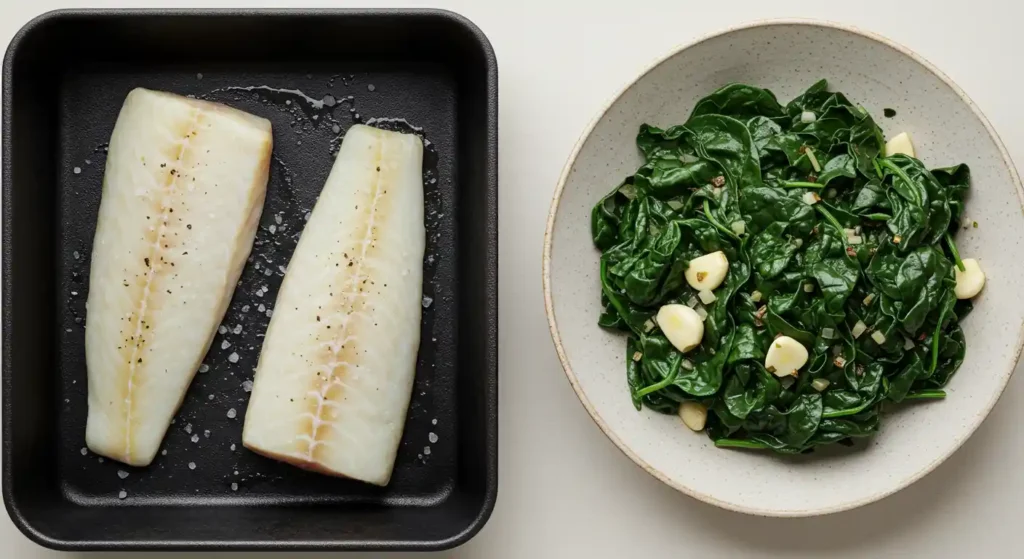 Raw halibut fillets seasoned with salt and pepper in a black pan alongside a bowl of sautéed spinach with garlic cloves