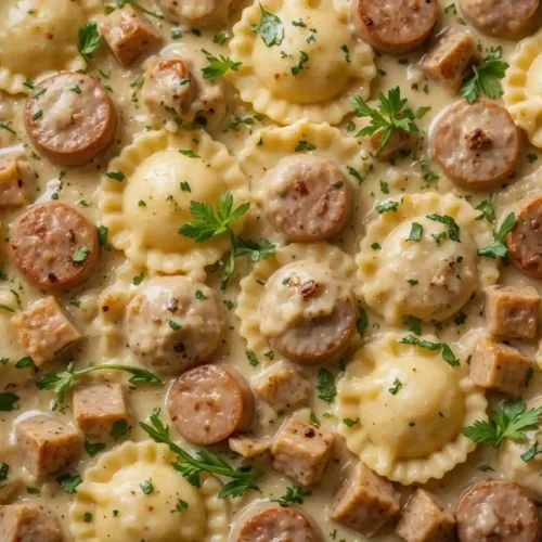 Creamy Crockpot Pierogi Casserole with sliced kielbasa sausage, cheese-filled pierogies, and fresh parsley in a rich sauce