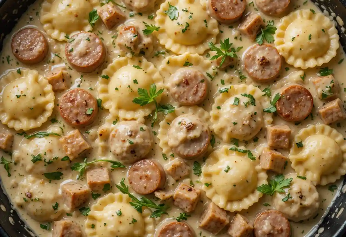 Creamy Crockpot Pierogi Casserole with sliced kielbasa sausage, cheese-filled pierogies, and fresh parsley in a rich sauce