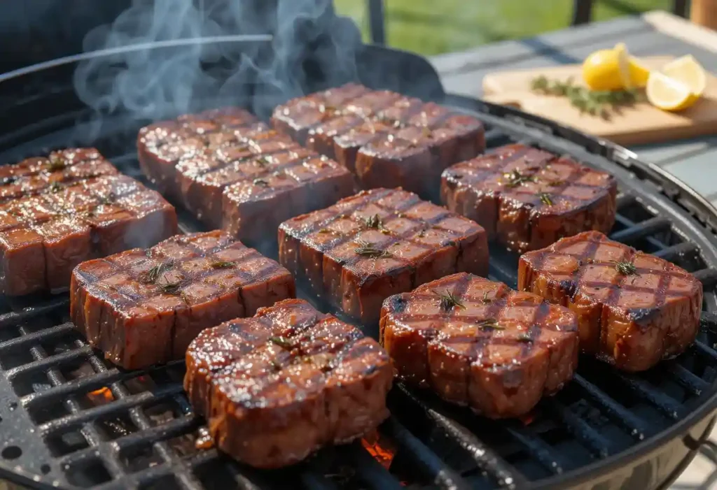 Venison cube steaks with crosshatch grill marks smoking on a barbecue grill, garnished with herbs and lemon wedges visible in the background