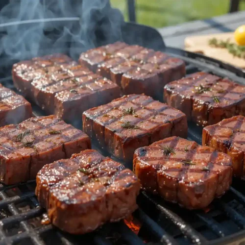 Venison cube steaks with crosshatch grill marks smoking on a barbecue grill, garnished with herbs and lemon wedges visible in the background