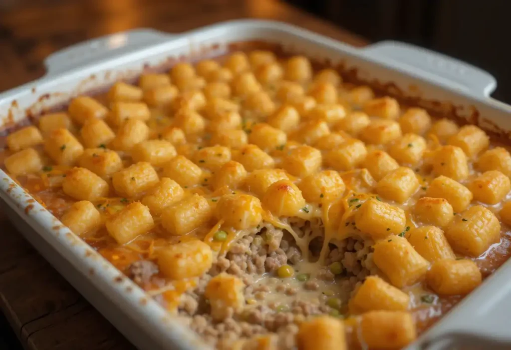 Alt: "Close-up view of a tater tot hotdish with a serving removed, showing layers of ground beef, vegetables, and cheese beneath golden-brown tater tots in a white casserole dish