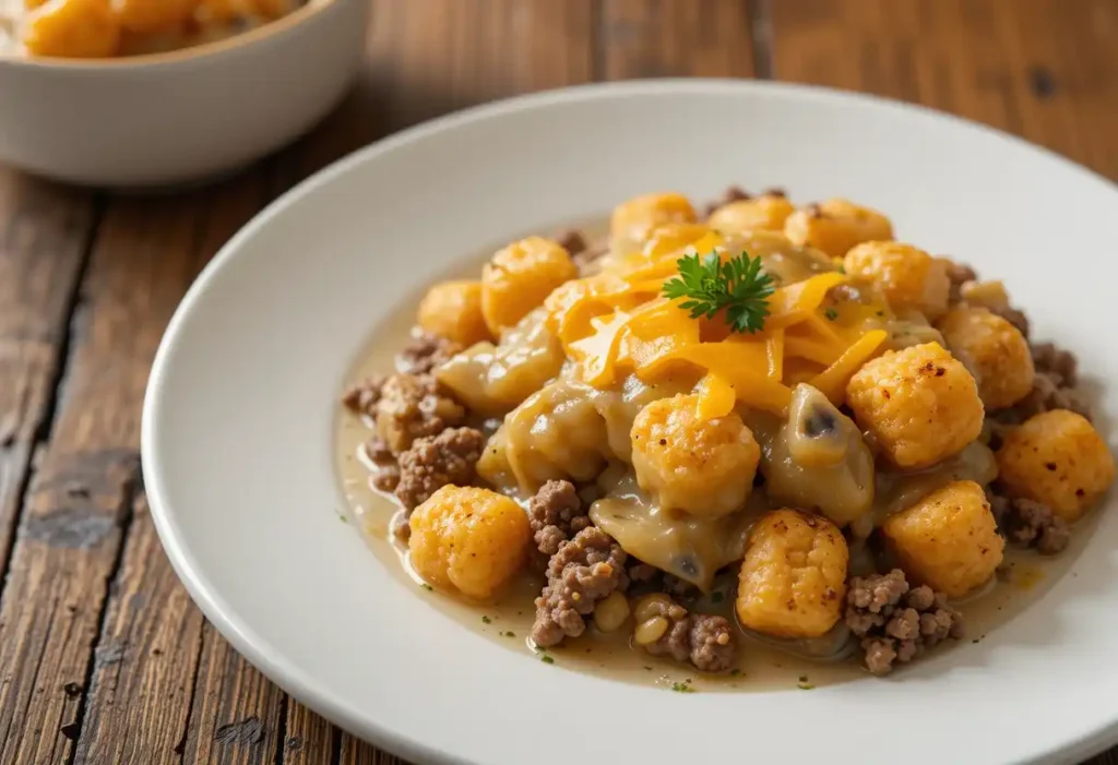 A plated serving of tater tot hotdish showing crispy golden tots, seasoned ground beef, and creamy mushroom sauce topped with melted cheddar cheese and fresh parsley on a white plate