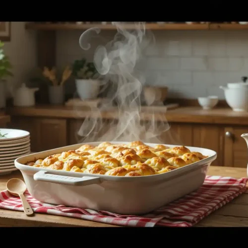 Steaming hot tater tot hotdish in a white ceramic baking dish, freshly baked with golden brown tots on top, sitting on a red and white checkered cloth in a rustic kitchen setting