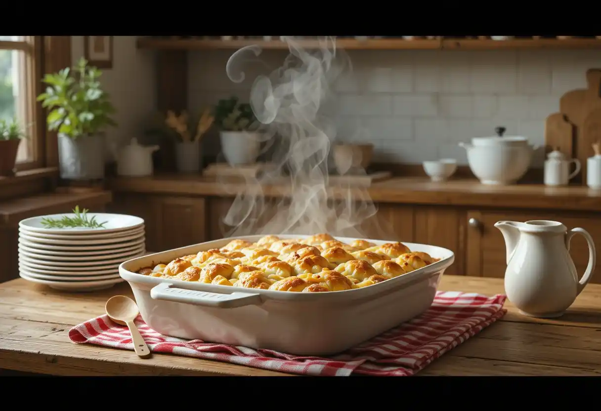 Steaming hot tater tot hotdish in a white ceramic baking dish, freshly baked with golden brown tots on top, sitting on a red and white checkered cloth in a rustic kitchen setting