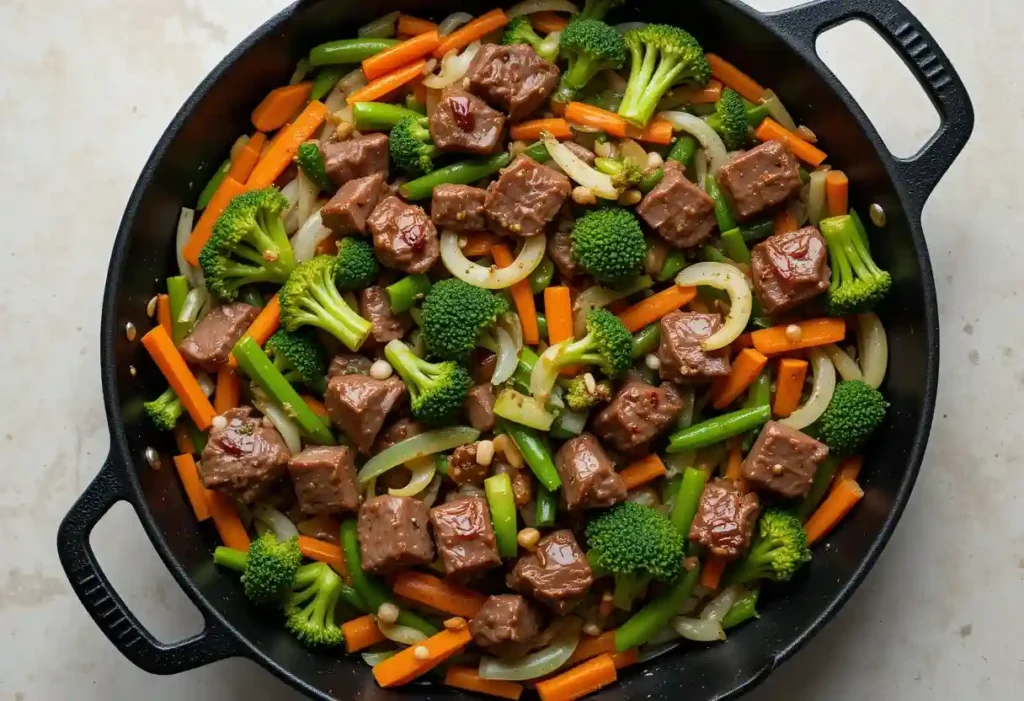 A skillet filled with venison cube steak bites stir-fried alongside broccoli, carrots, green beans, and onions in a savory sauce.