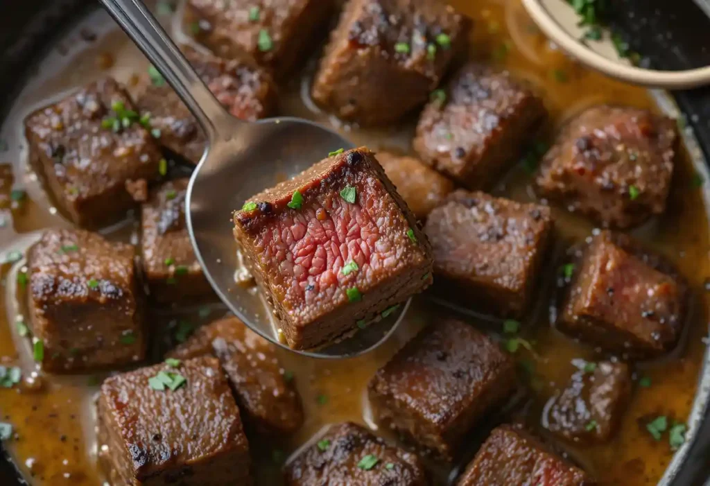 Close-up of juicy venison cube steak bites cooked to perfection, garnished with fresh herbs and served in a rich garlic and herb butter sauce