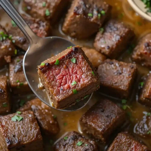 Close-up of juicy venison cube steak bites cooked to perfection, garnished with fresh herbs and served in a rich garlic and herb butter sauce