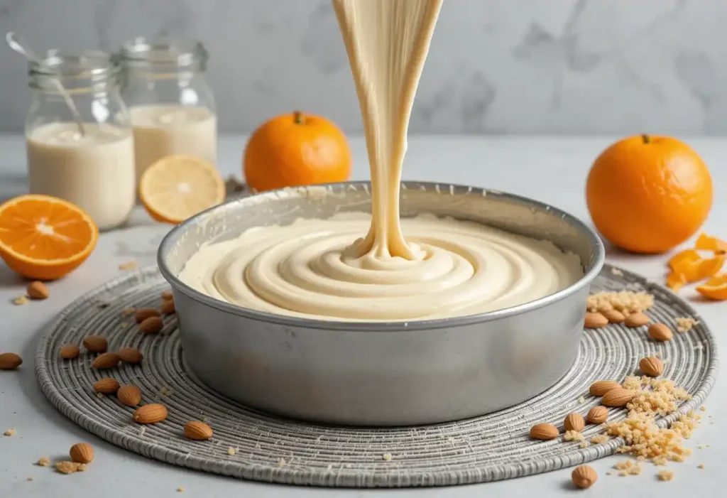 Smooth cream-colored cake batter being poured into a round cake pan, surrounded by fresh oranges, almonds, and glass jars of milk on a gray textured surface