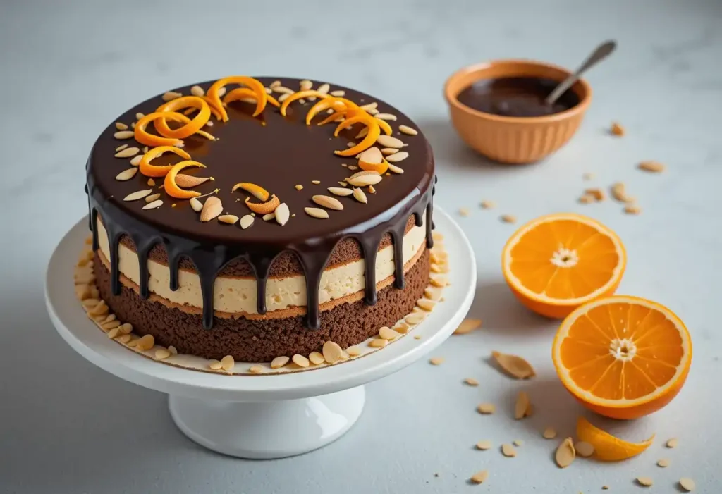 A layered chocolate cake with cream filling, chocolate ganache drip, orange zest curls, and sliced almonds on a white cake stand, with fresh orange halves and a bowl of chocolate sauce in the background