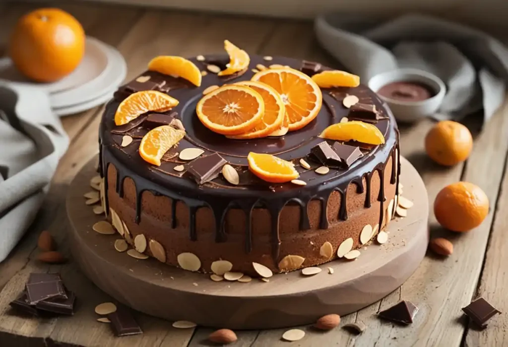 Alt: "Chocolate cake topped with dark chocolate ganache drips, fresh orange slices, chocolate pieces, and sliced almonds on a gray cake stand