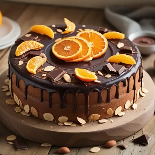 Alt: "Chocolate cake topped with dark chocolate ganache drips, fresh orange slices, chocolate pieces, and sliced almonds on a gray cake stand