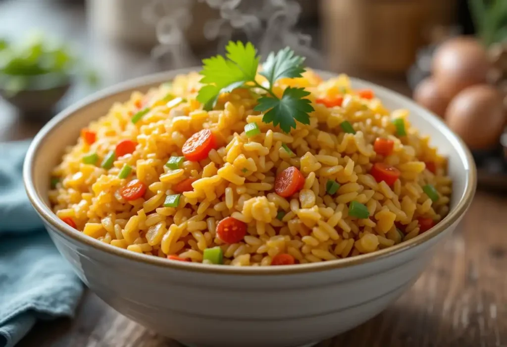 Steaming hot yellow fried rice garnished with fresh cilantro, diced bell peppers, and carrots served in a white bowl