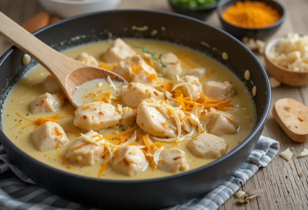 Cooked chicken pieces in a creamy cheese sauce with shredded cheddar on top, being prepared as filling for chicken and cheese jalousie recipe