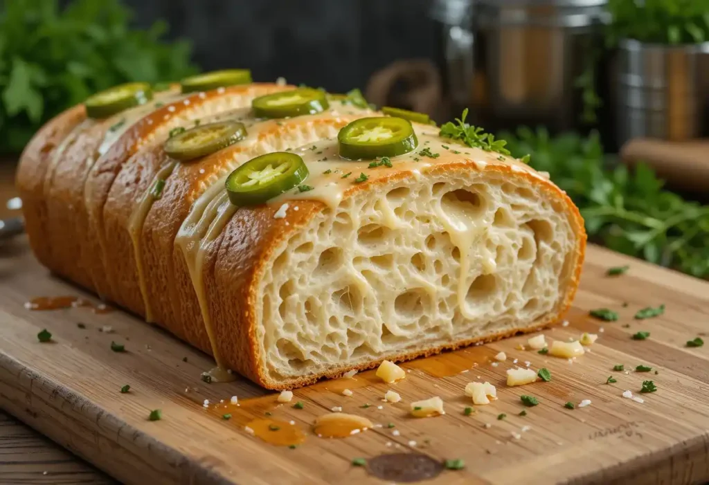 Sliced artisan bread with a honeycomb crumb structure, topped with melted vegan cheese, fresh jalapeño slices, and herbs on a wooden cutting board