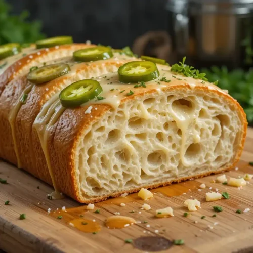 Sliced artisan bread with a honeycomb crumb structure, topped with melted vegan cheese, fresh jalapeño slices, and herbs on a wooden cutting board