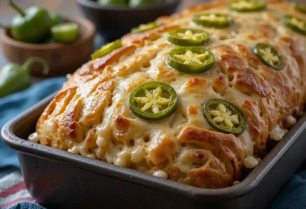 Freshly baked vegan jalapeño cheese pull-apart bread in a dark loaf pan, topped with melted dairy-free cheese and fresh jalapeño slices showing their star-shaped centers