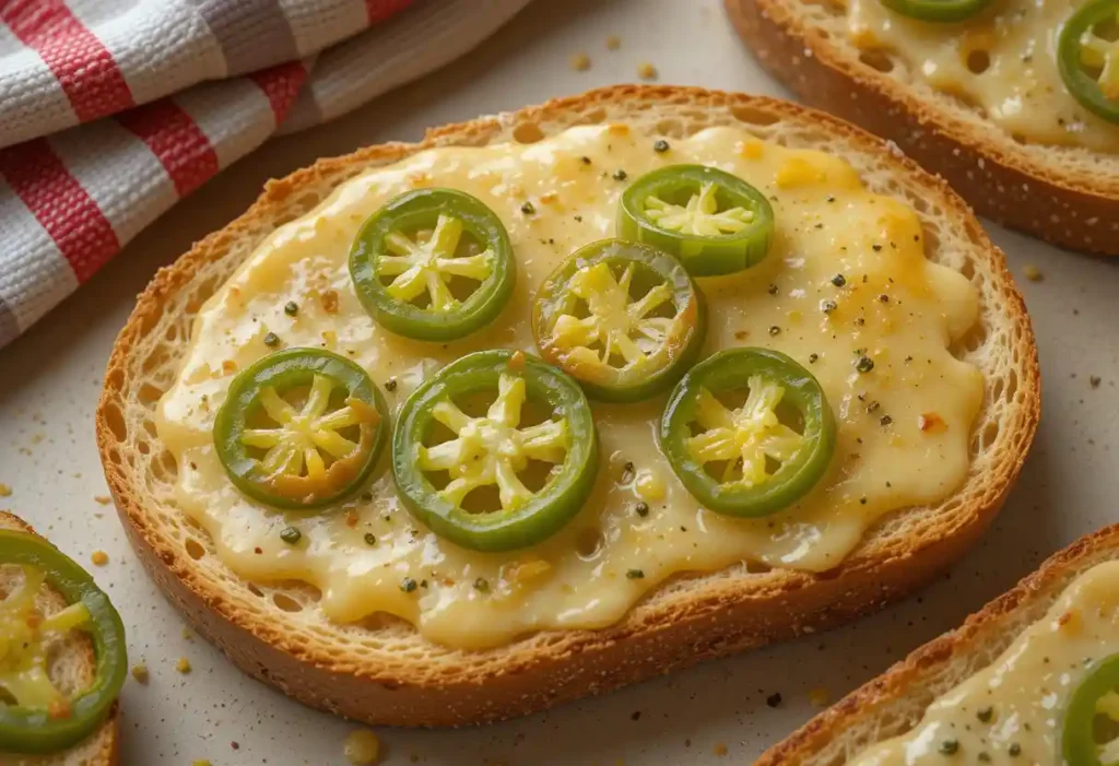 Alt text: "Slice of artisan bread topped with melted vegan cheese, five fresh jalapeño rings arranged in a circle pattern, sprinkled with black pepper and herbs, with a red and white striped kitchen towel in the background