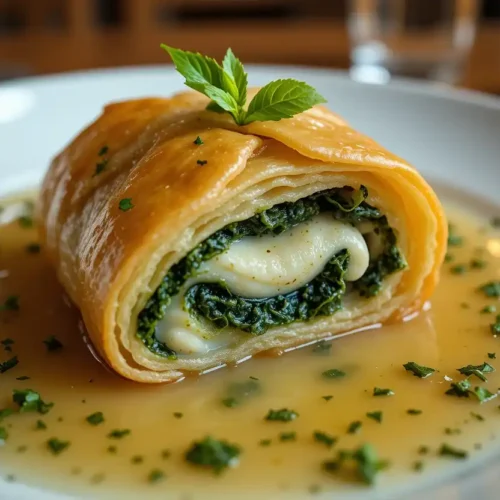 Golden-brown filo pastry roll filled with halibut and spinach, served on a white plate with herb-infused butter sauce and garnished with fresh mint