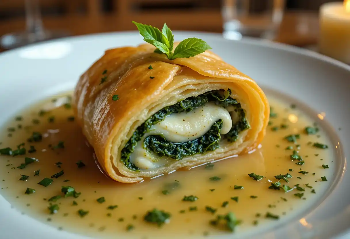 Golden-brown filo pastry roll filled with halibut and spinach, served on a white plate with herb-infused butter sauce and garnished with fresh mint