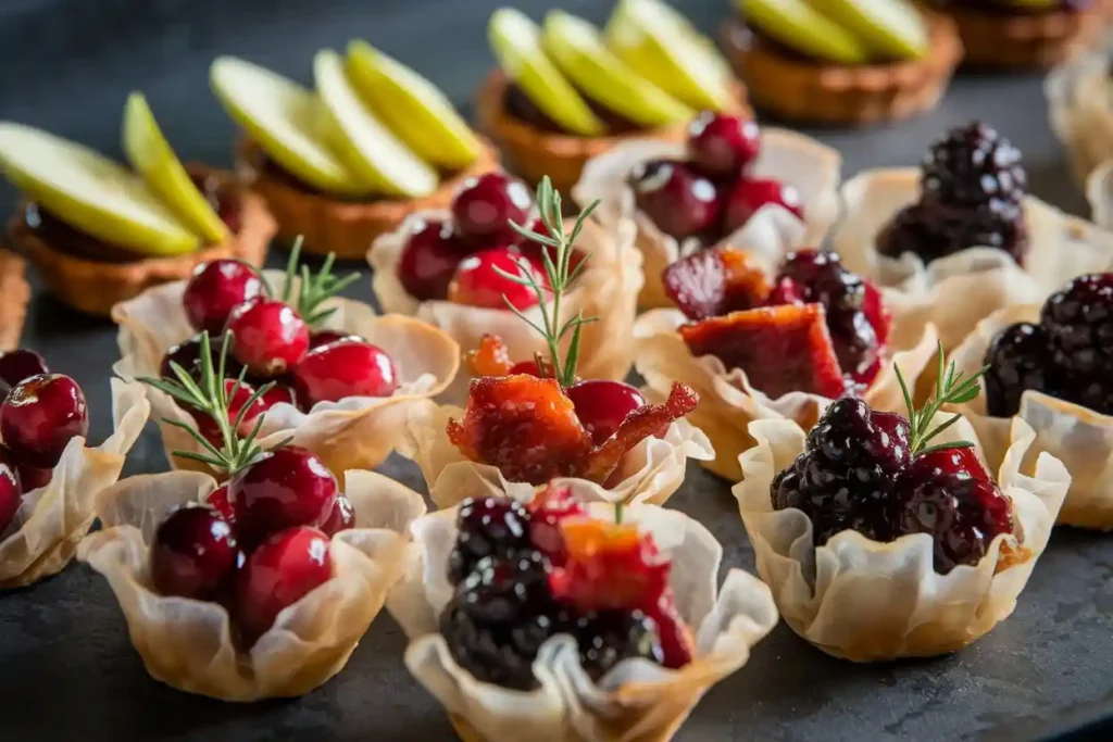 An assortment of phyllo appetizer cups filled with cranberries, blackberries, bacon, and garnished with lime slices and fresh rosemary