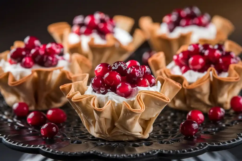 Mini phyllo cups filled with whipped goat cheese and topped with fresh cranberries, arranged on a black decorative serving platter with scattered cranberries