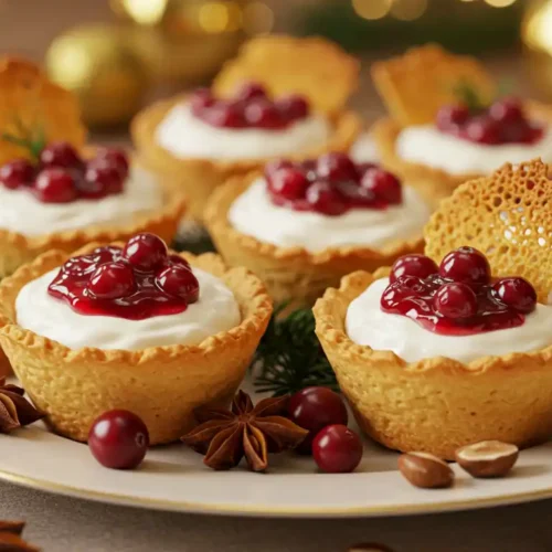 Mini pastry tarts filled with whipped goat cheese and topped with fresh cranberries, arranged on a white plate with star anise, pine needles, and nuts as festive decorations