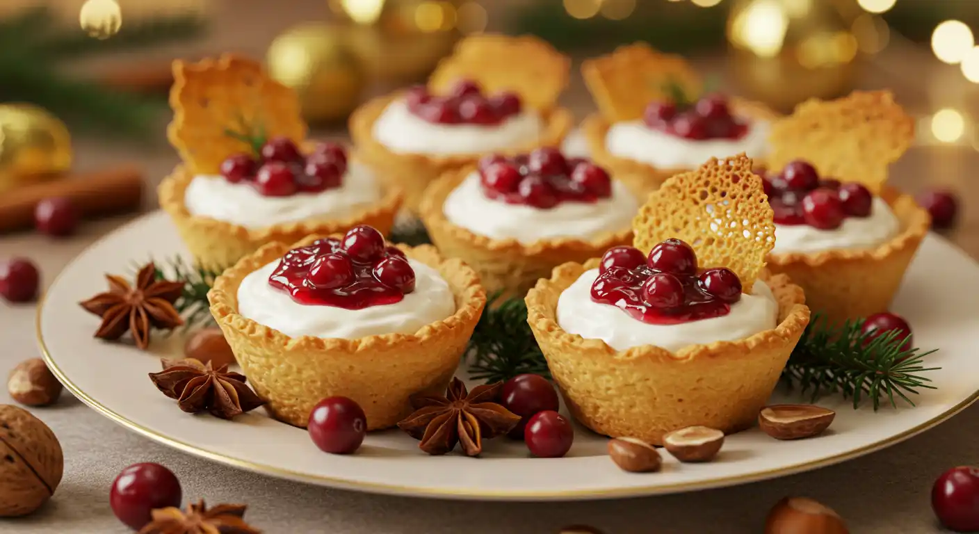 Mini pastry tarts filled with whipped goat cheese and topped with fresh cranberries, arranged on a white plate with star anise, pine needles, and nuts as festive decorations