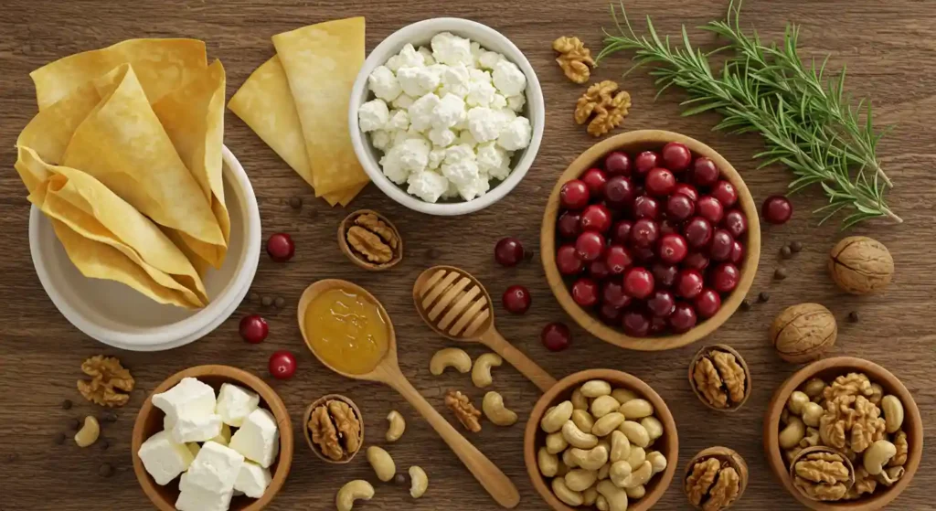 Alt text: "Ingredients for cranberry goat cheese bites laid out on wooden surface: phyllo sheets, fresh cranberries, goat cheese, honey, mixed nuts, and rosemary