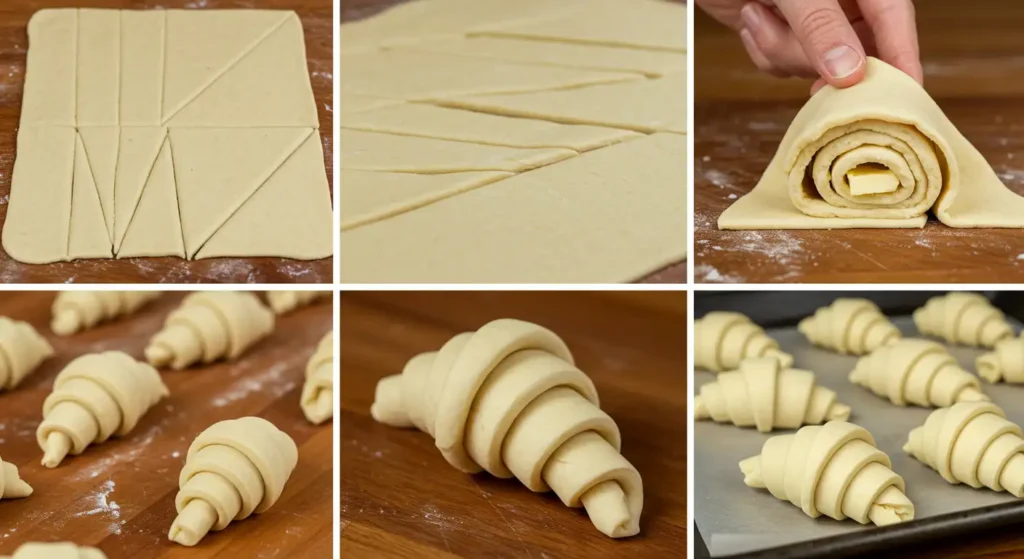 Step-by-step preparation of Swiss Gipfeli, showing dough cutting, rolling, and shaping into crescents before baking